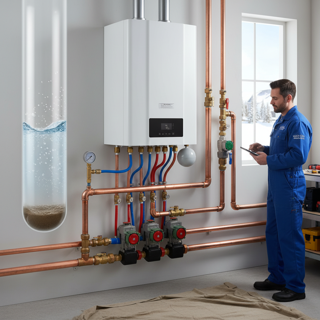 technician tinkering with an HVAC system boiler