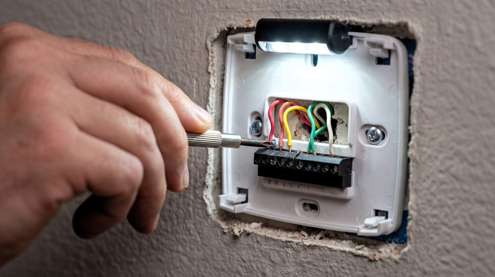 technician repairing thermostat wiring